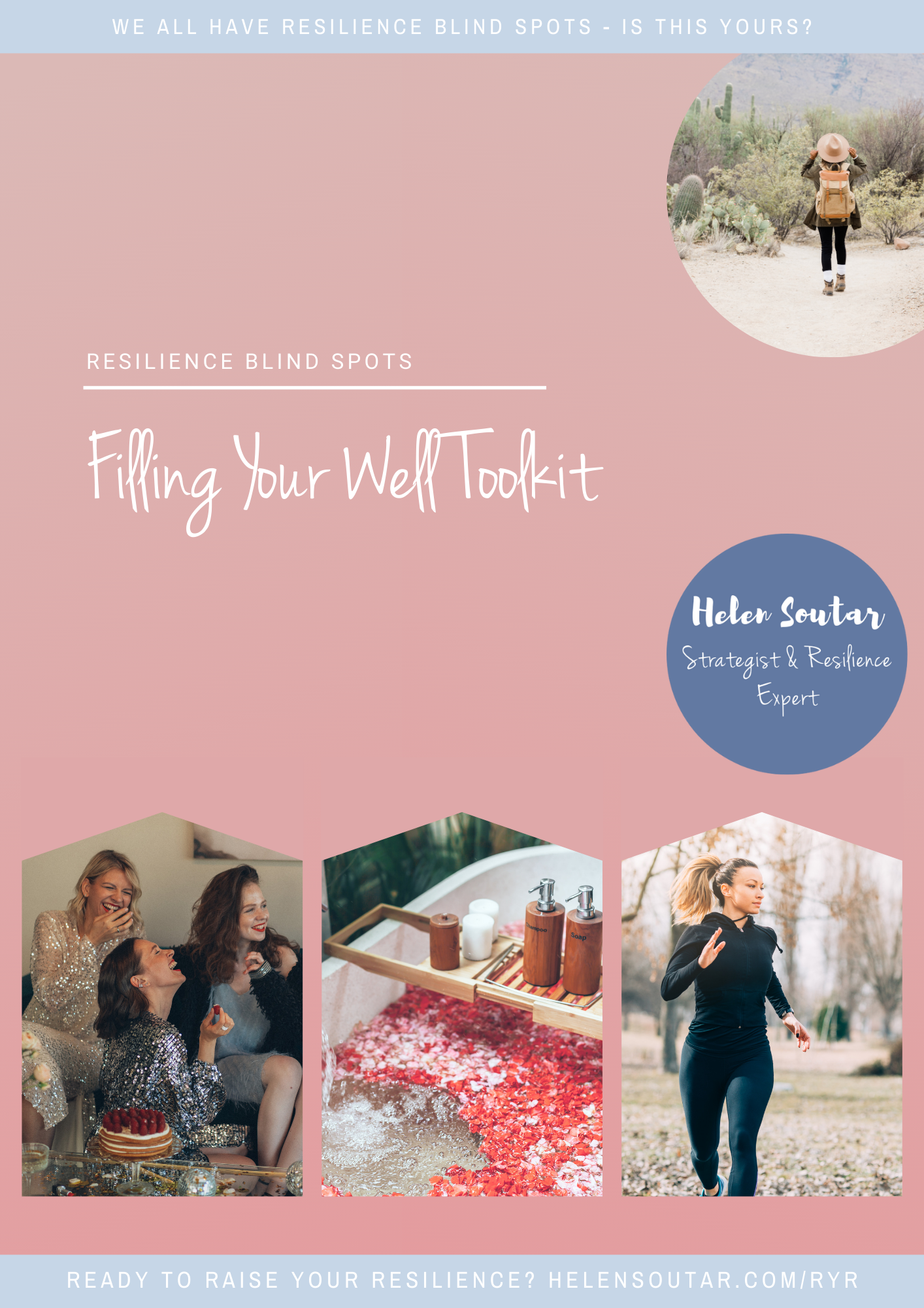 Front cover of the toolkit, says 'Resilience Blindspots' with 'Filling Your Well Toolkit' underneath. It has images of (i) a woman hiking, with mountains in distance and plants including cacti in the foreground, (ii) 3 women sitting together - 2 on a sofa, one on the floor in front, they are laughing, (iii) a bath filled with water and flower petals, with a wooden bath rack with candles and toiletries on it and (iv) a woman jogging, she appears to be in a park or similar with trees behind her and leaves on the ground.