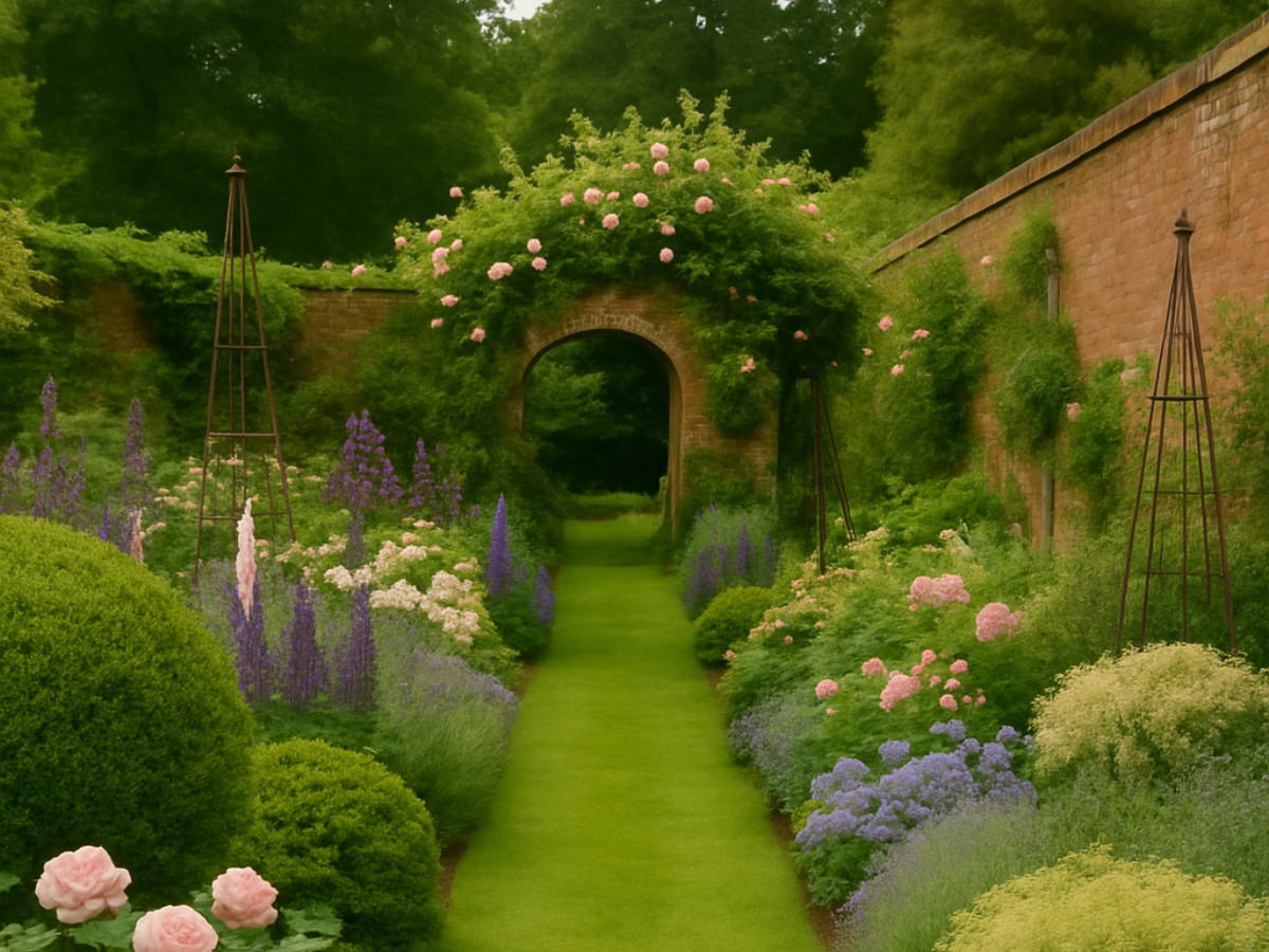 A lawn path between flower borders planted with roses, foxgloves, yew bushes, leading to an arch in the wall with roses growing over it that leads to the next part of the garden