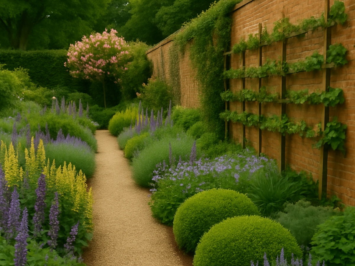 Pillars of the Soutar resilience framework – structured English garden path with lavender, salvia, and brick wall espalier symbolising steadiness, strength, and practical skills.