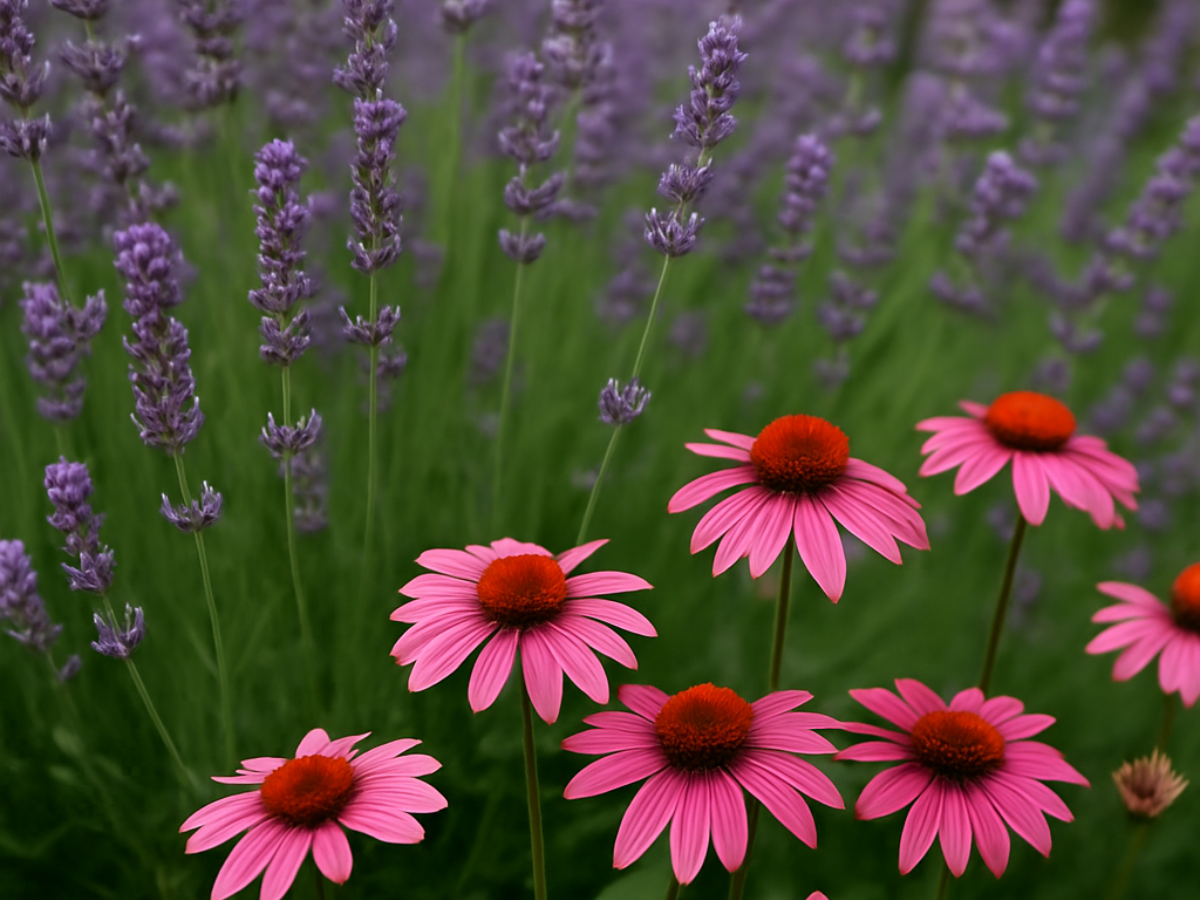 Close-up of pink echinacea and purple lavender in structured garden planting, symbolising intentional, long-term self-care and resilience planning.