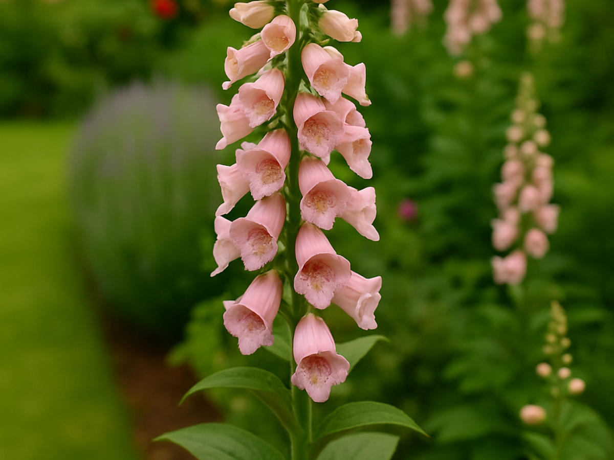 Pale pink foxglove flower with open bell-shaped blooms in a formal garden border, symbolising clarity, expression, and the layered structure of effective communication.