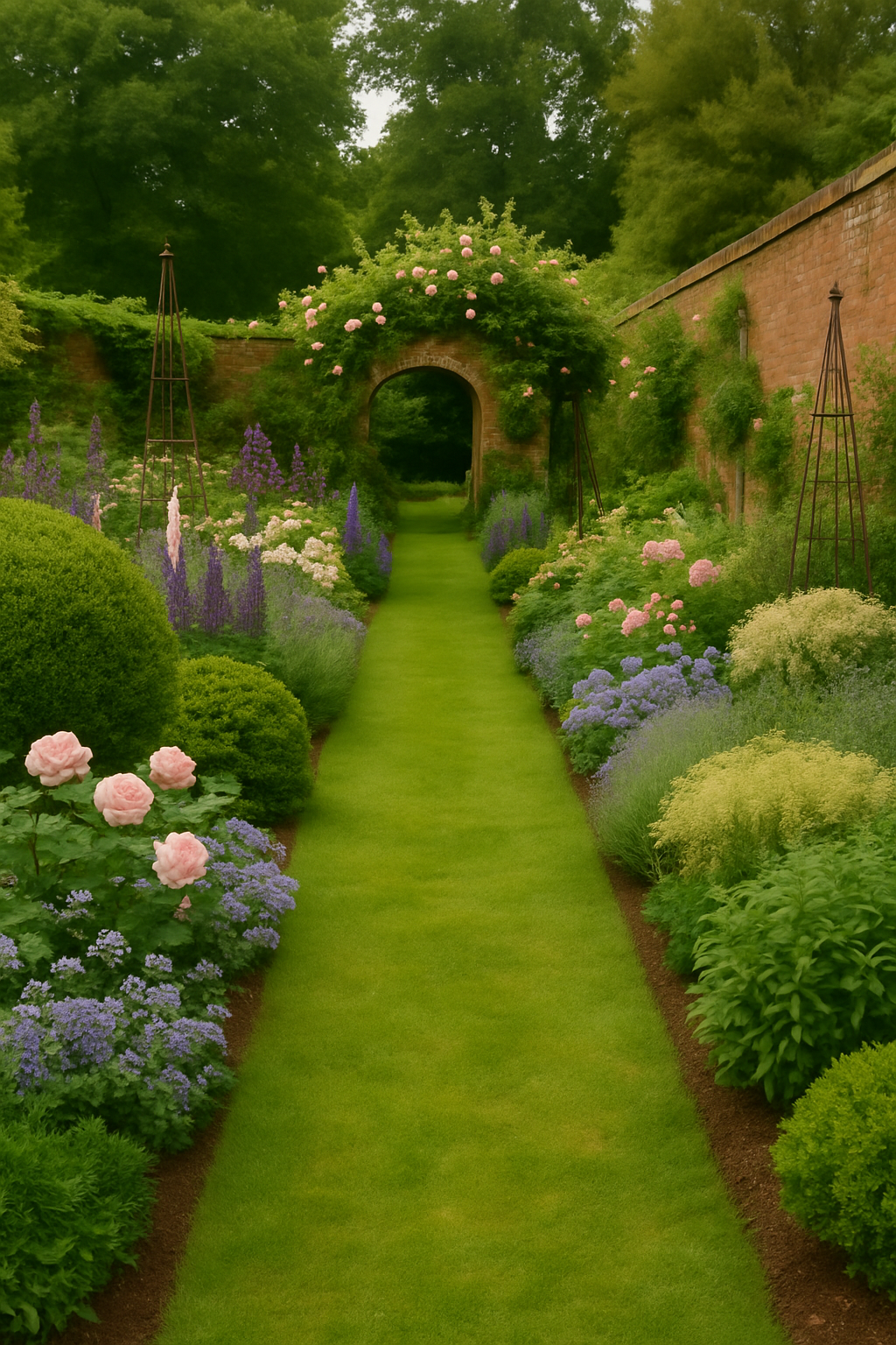 A lawn path between flower borders planted with roses, foxgloves, yew bushes, leading to an arch in the wall with roses growing over it that leads to the next part of the garden