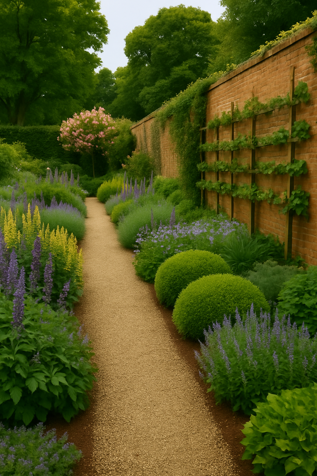 Image of a walled garden with a gravel path between two flower borders. Along the wall are espaliered fruit trees, and at the end of the path is a large rose tree. There are mature trees in the background