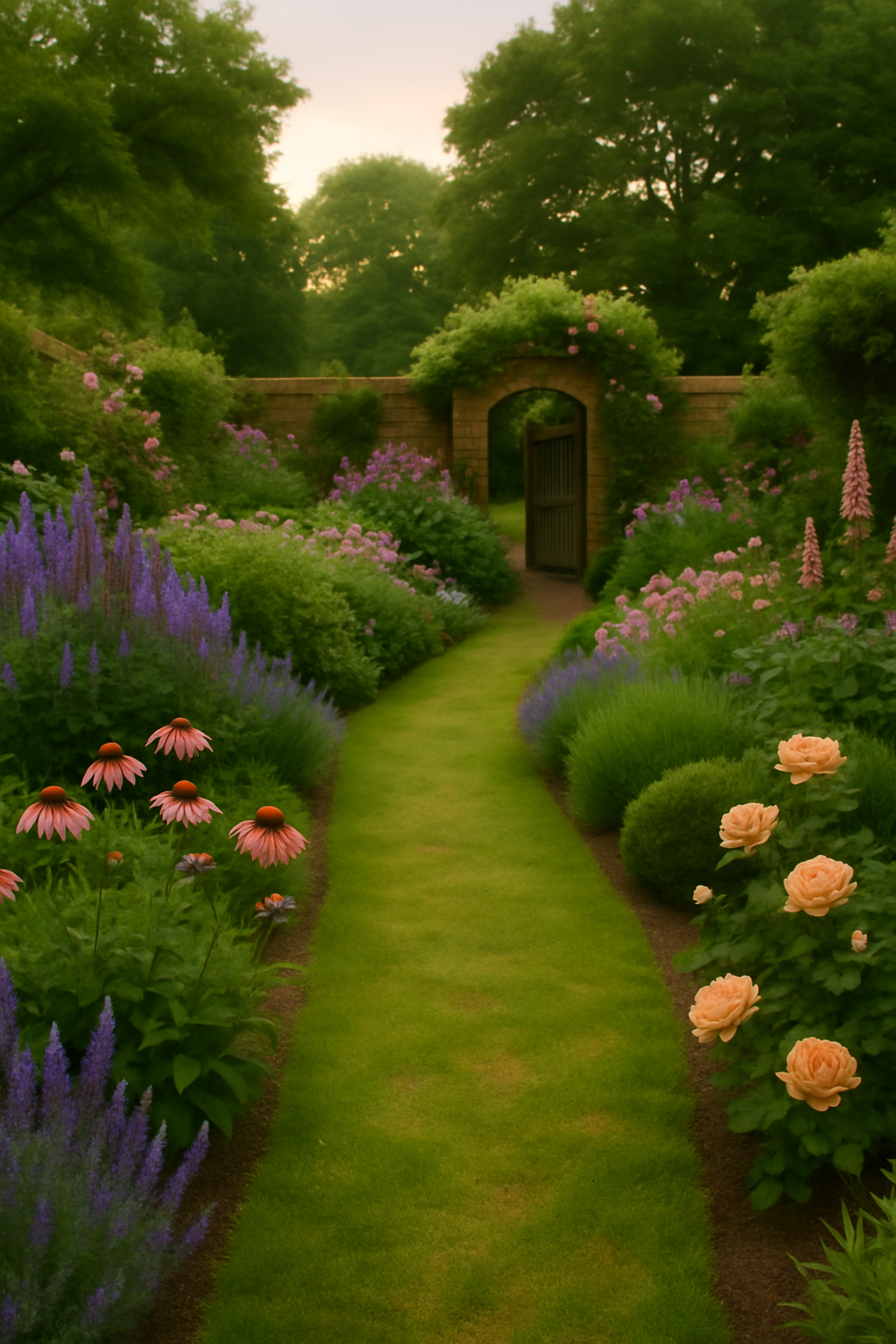 An image of a winding lawn path between two flower borders leading to an arched wooden gate in a brick wall. The borders contain roses, echinacea, foxgloves and lavendar. There is a climbing rose growing around the gate arch