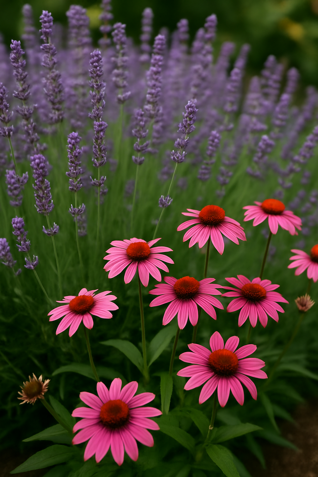 A close up image of pink echinacea flowers with a lavender bush behind