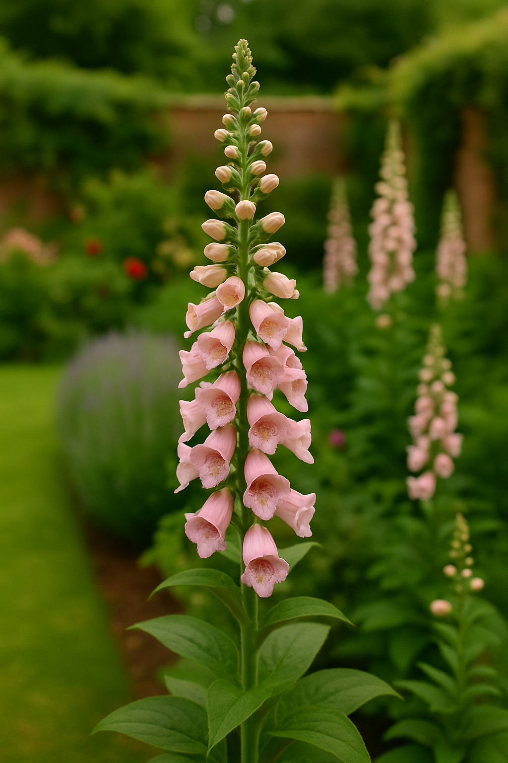 Close up of a pale pink foxglove growing in a walled garden