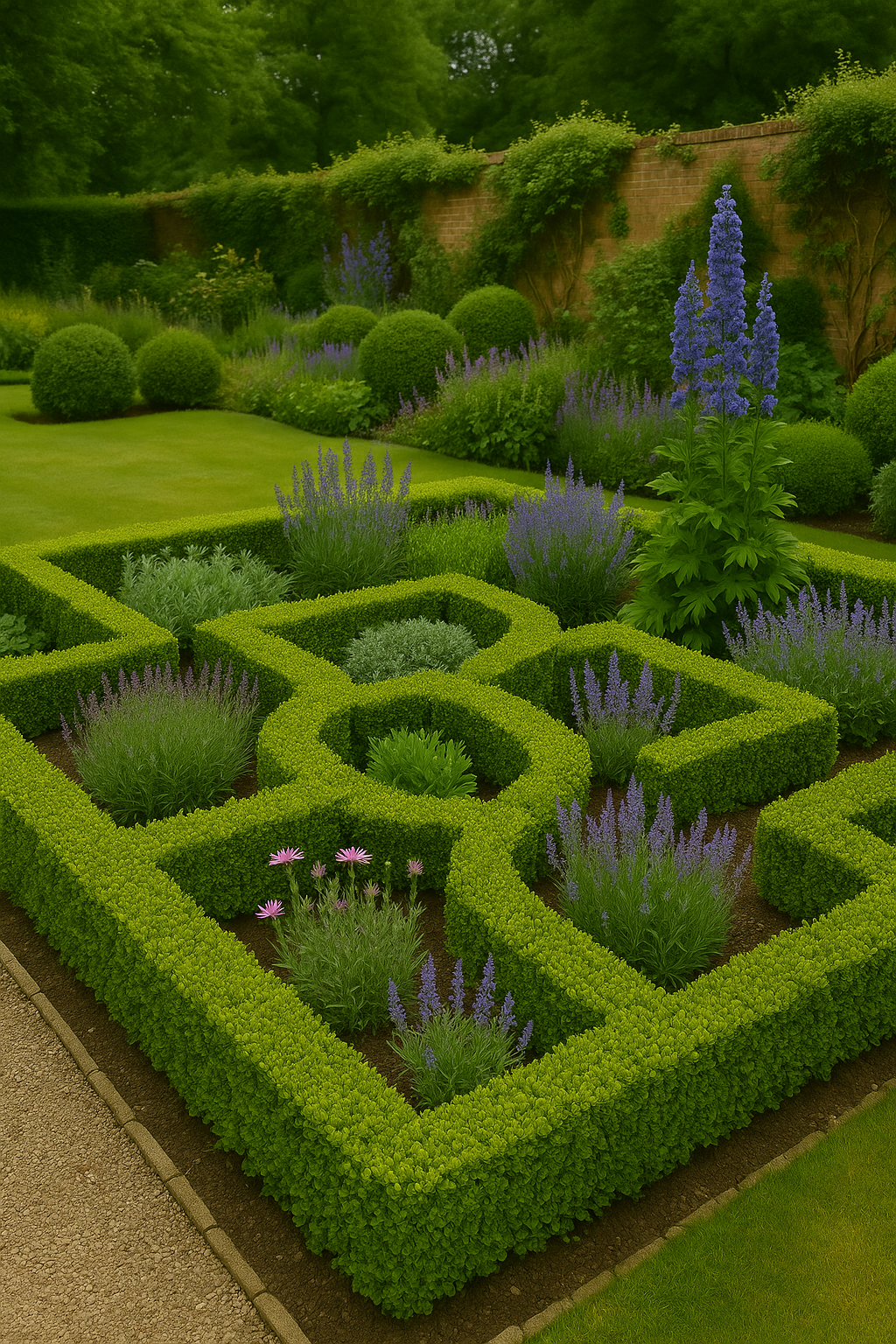 A knot garden within a larger walled garden. The knot is made of box hedges and is in-filled with lavender, cosmos and delphiniums