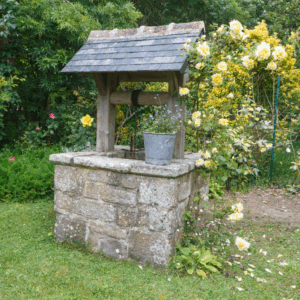 A traditional stone garden well with a wooden roof and a metal bucket, surrounded by blooming yellow roses and lush greenery. Represents replenishment and self-care.